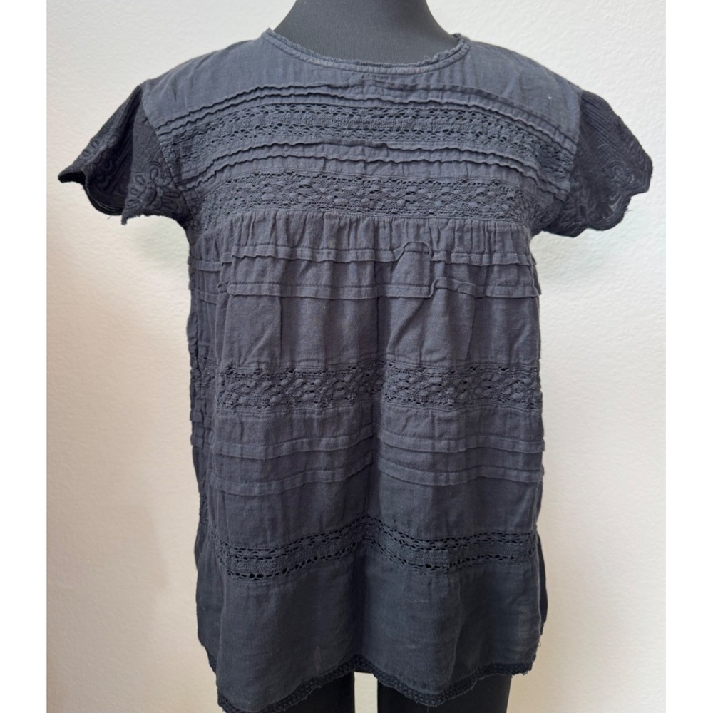 Sundance Aria Embroidered Lace Pintuck Blouse Navy Flutter Sleeve SZ XS Bohemian